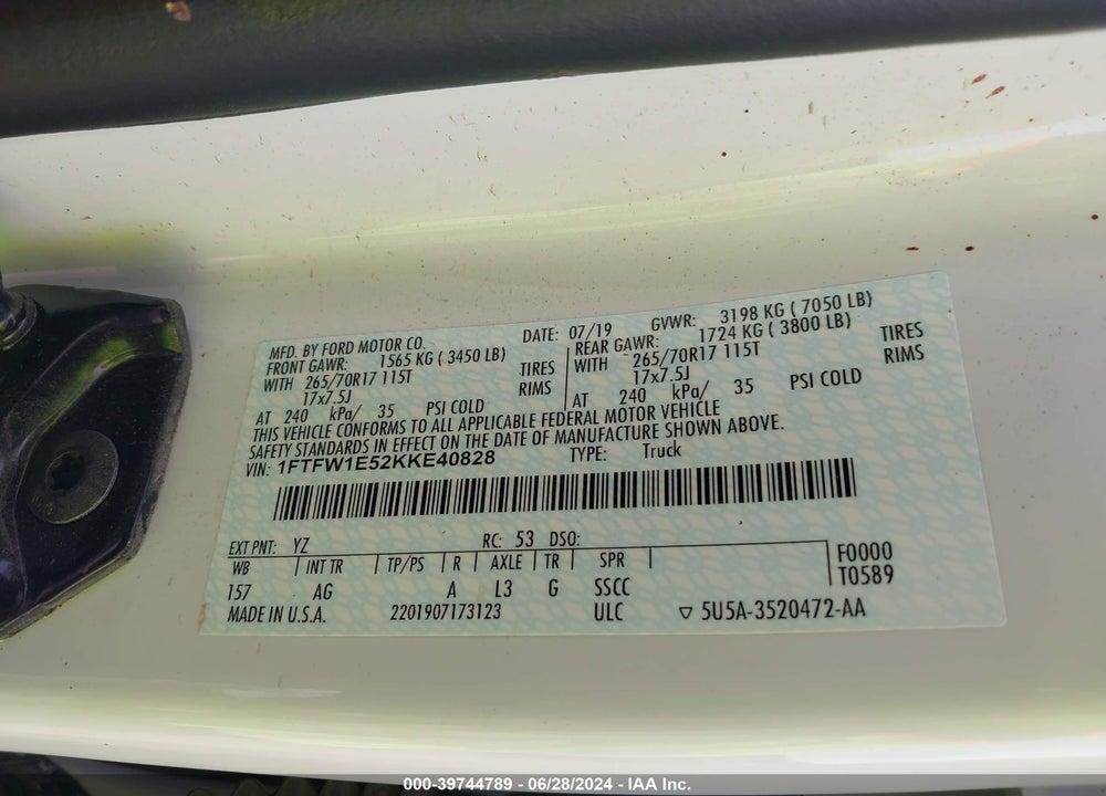 2019 FORD F-150 XL VIN: 1FTFW1E52KKE40828