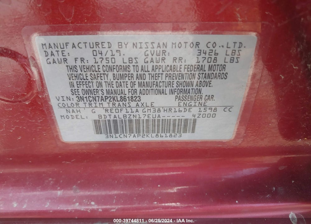 2019 NISSAN VERSA 1.6 SV VIN: 3N1CN7AP2KL861823