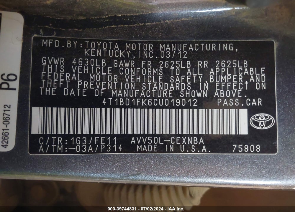 2012 TOYOTA CAMRY HYBRID LE VIN: 4T1BD1FK6CU019012
