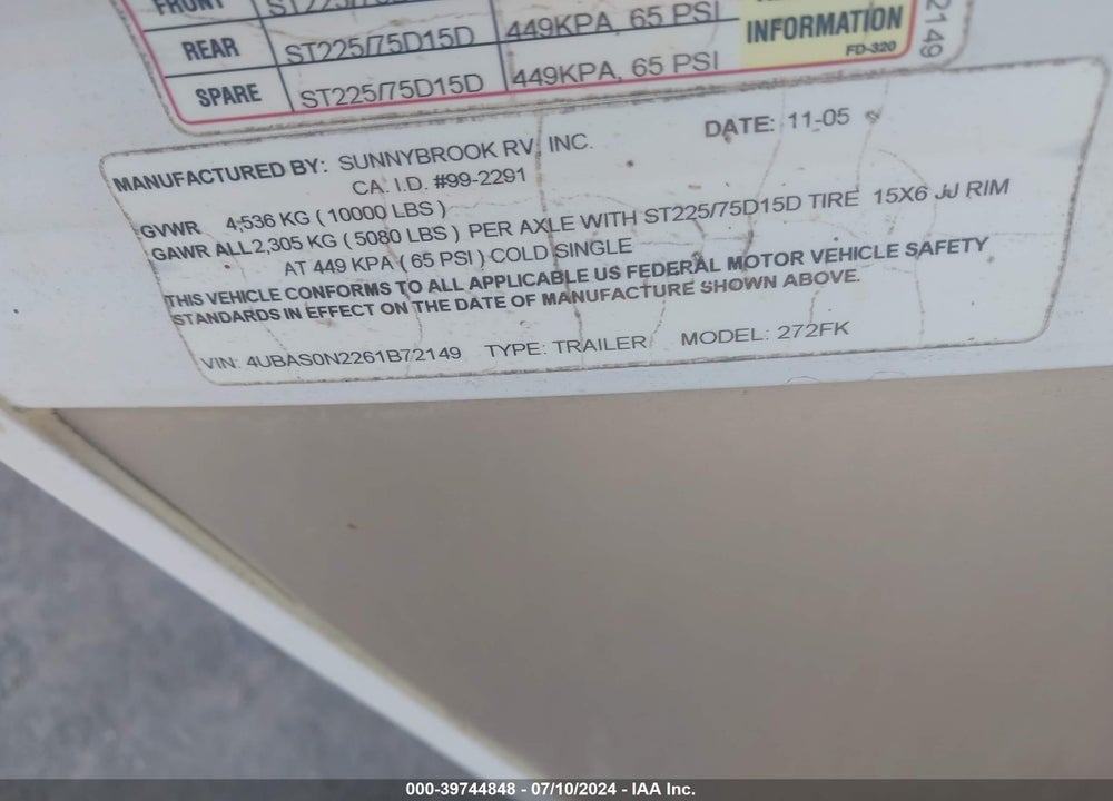 2006 SUNNY BROOK SUNSET CREEK M-270BH VIN: 4UBAS0N2261B72149