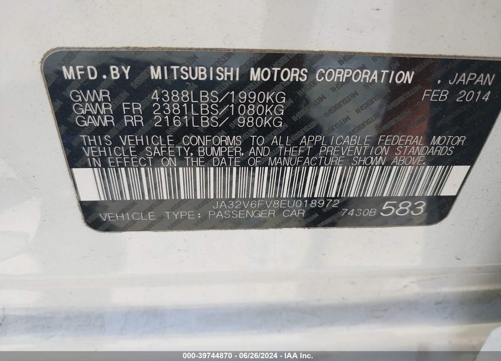2014 MITSUBISHI LANCER RALLIART VIN: JA32V6FV8EU018972