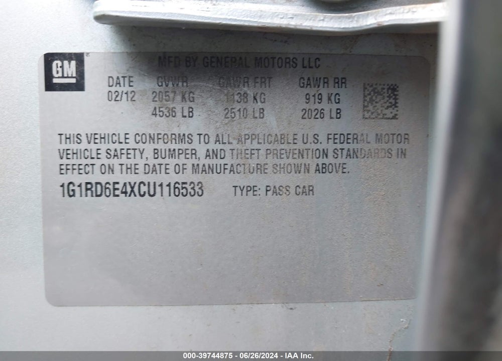2012 CHEVROLET VOLT VIN: 1G1RD6E4XCU116533
