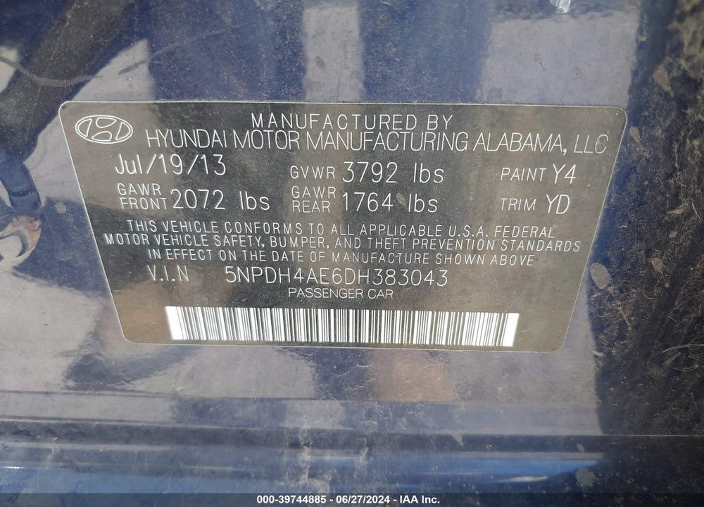 2013 HYUNDAI ELANTRA GLS VIN: 5NPDH4AE6DH383043