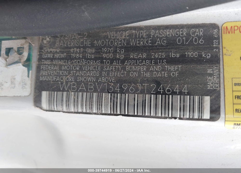 2006 BMW 325CI VIN: WBABV13496JT24644