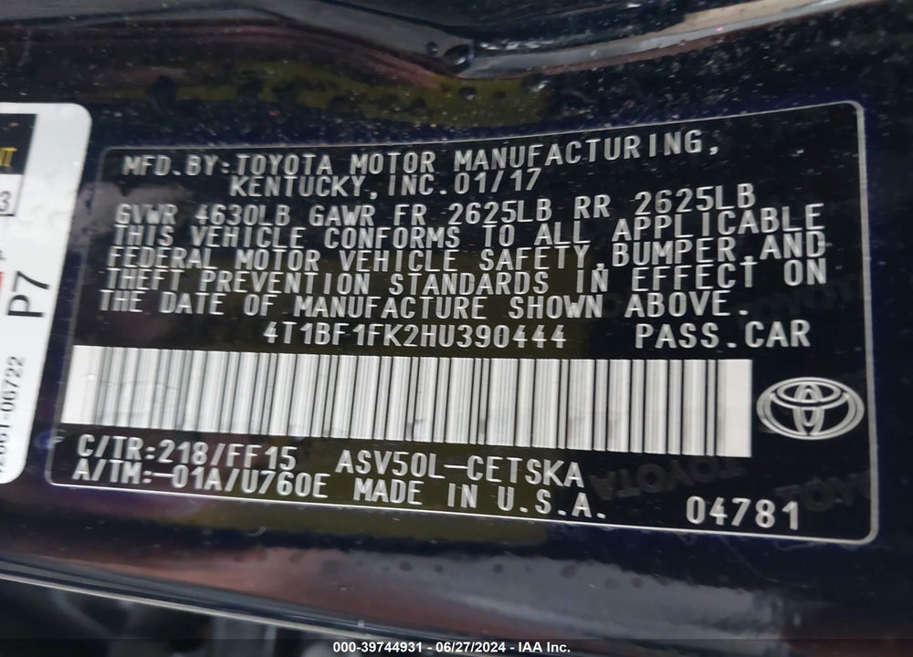 2017 TOYOTA CAMRY SE VIN: 4T1BF1FK2HU390444