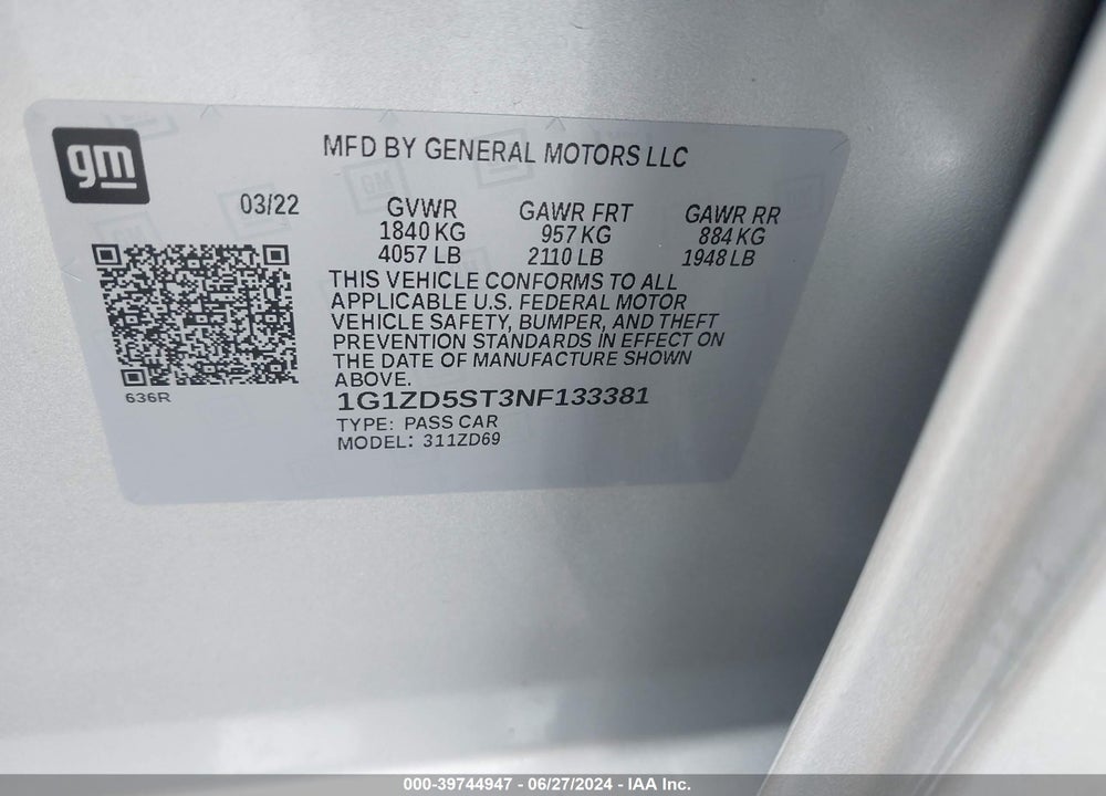 2022 CHEVROLET MALIBU FWD LT VIN: 1G1ZD5ST3NF133381