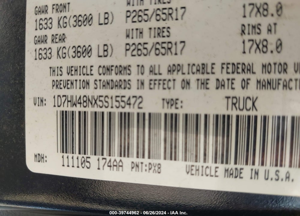 2005 DODGE DAKOTA SLT VIN: 1D7HW48NX5S155472