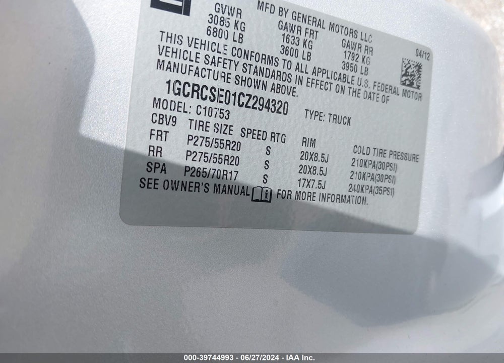 2012 CHEVROLET SILVERADO 1500 LT VIN: 1GCRCSE01CZ294320