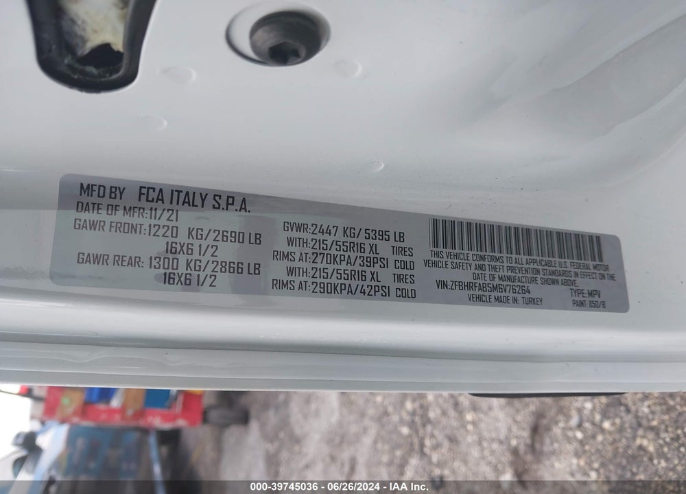 2021 RAM PROMASTER CITY TRADESMAN VIN: ZFBHRFAB5M6V76264