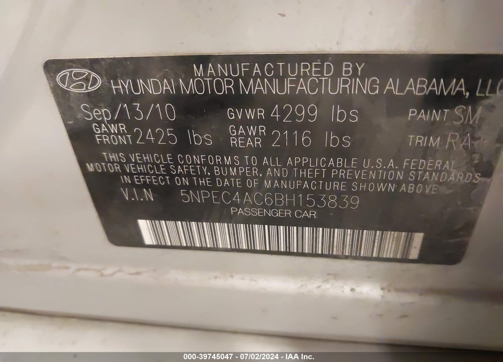 2011 HYUNDAI SONATA SE VIN: 5NPEC4AC6BH153839