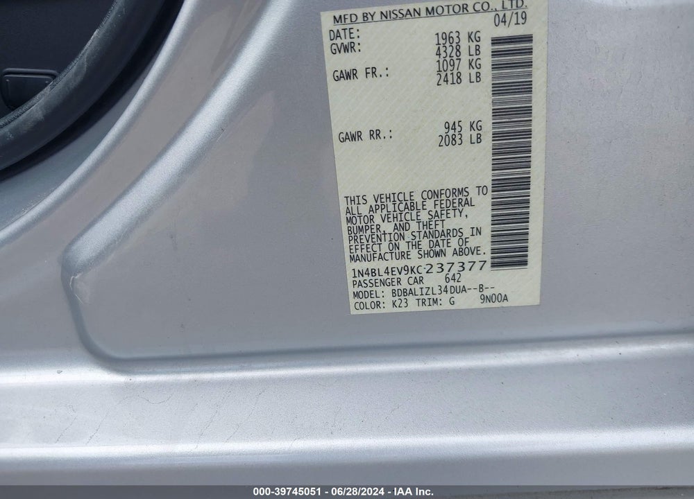 2019 NISSAN ALTIMA 2.5 SL VIN: 1N4BL4EV9KC237377