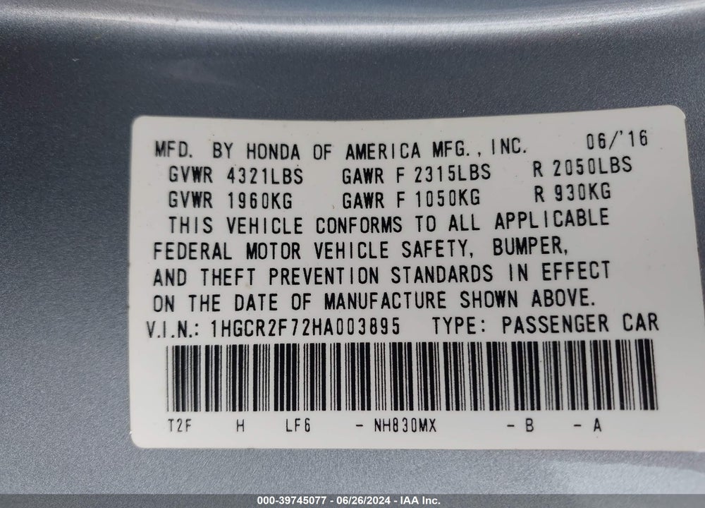 2017 HONDA ACCORD EX VIN: 1HGCR2F72HA003895