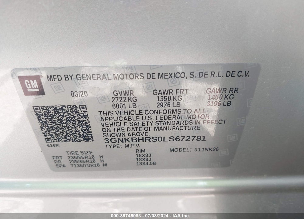 2020 CHEVROLET BLAZER AWD 2LT VIN: 3GNKBHRS0LS672781