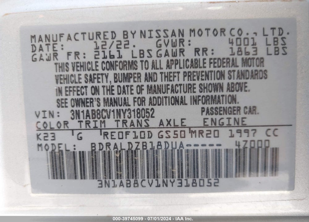 2022 NISSAN SENTRA SV XTRONIC CVT VIN: 3N1AB8CV1NY318052