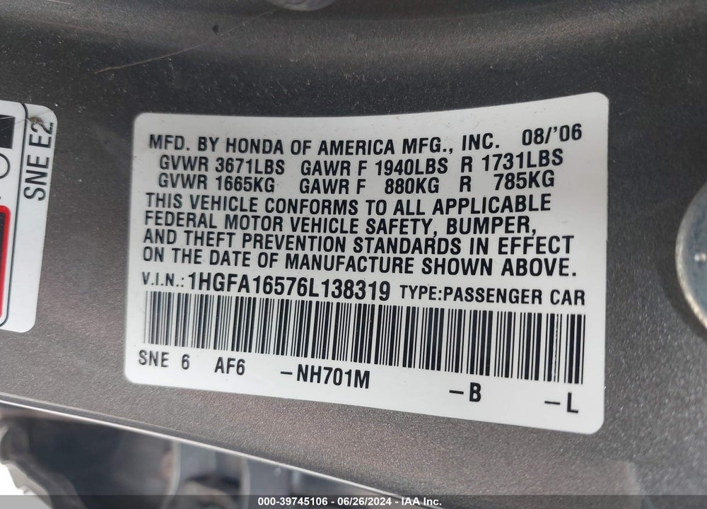 2006 HONDA CIVIC LX VIN: 1HGFA16576L138319