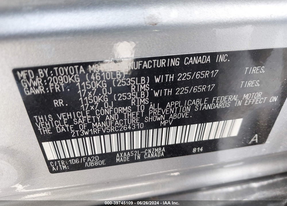 2024 TOYOTA RAV4 XLE VIN: 2T3W1RFV5RC264310