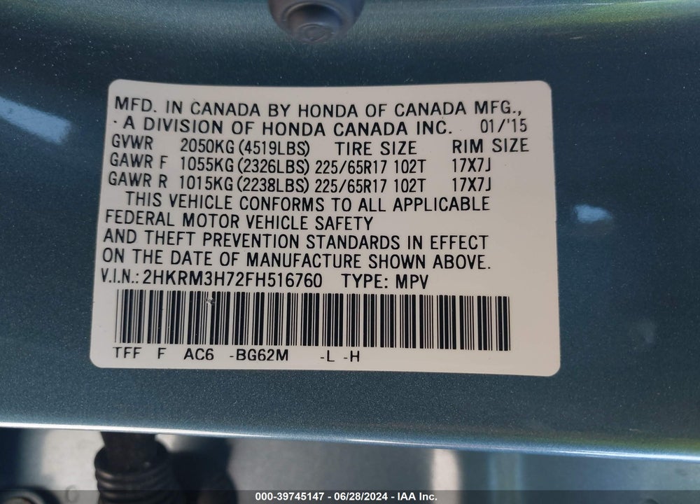 2015 HONDA CR-V EX-L VIN: 2HKRM3H72FH516760