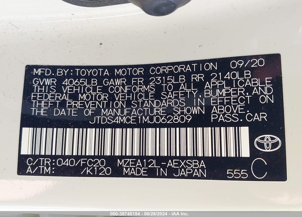 2021 TOYOTA COROLLA SE VIN: JTDS4MCE1MJ062809