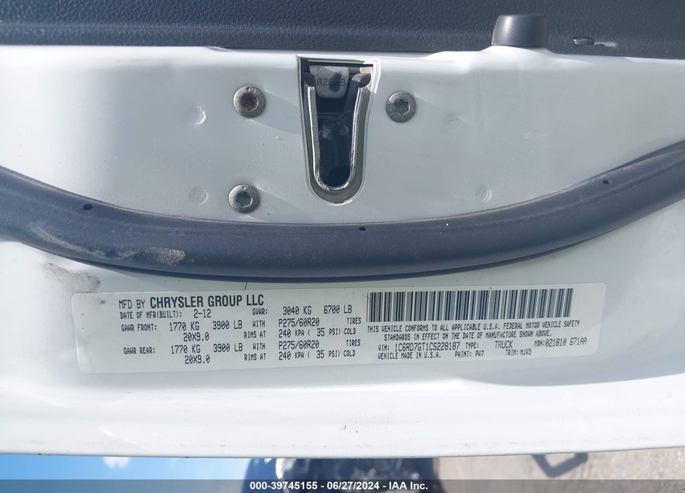 2012 RAM 1500 SLT VIN: 1C6RD7GT1CS228187