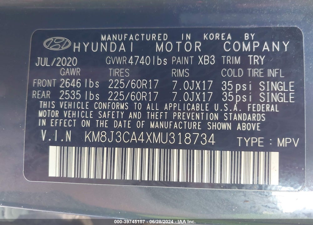 2021 HYUNDAI TUCSON VALUE VIN: KM8J3CA4XMU318734