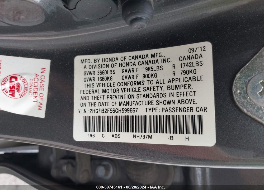 2012 HONDA CIVIC LX VIN: 2HGFB2F56CH599667