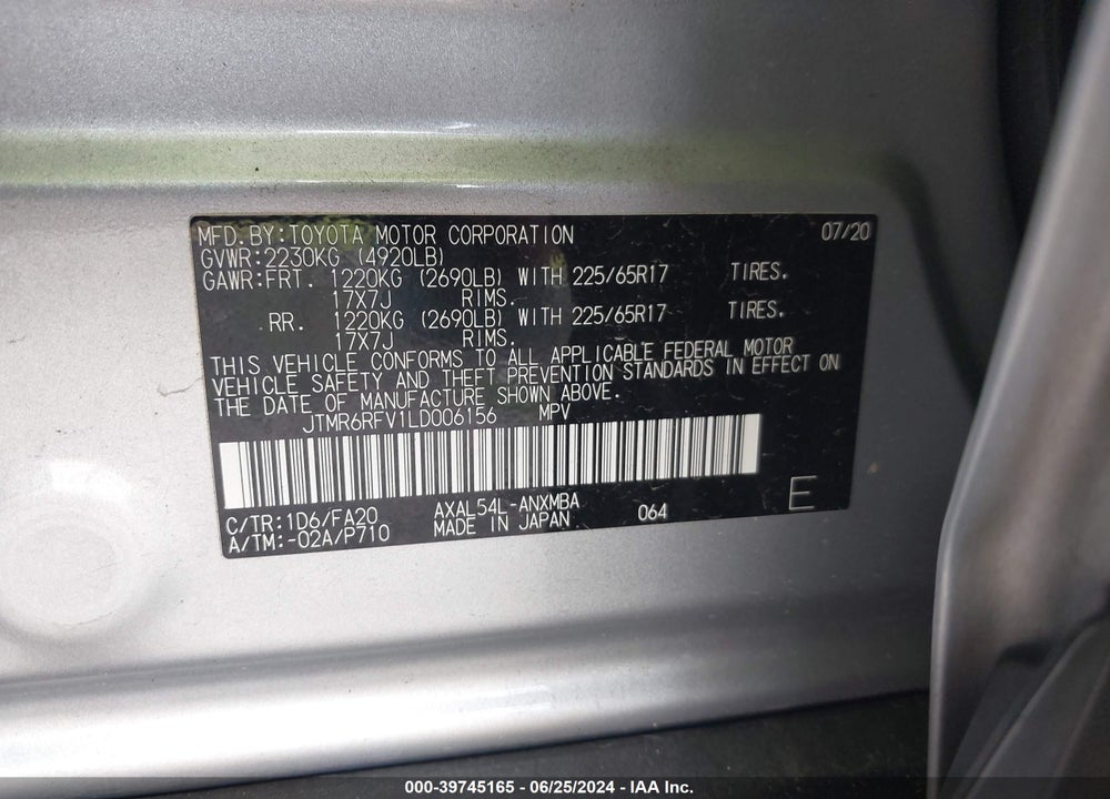 2020 TOYOTA RAV4 HYBRID XLE VIN: JTMR6RFV1LD006156