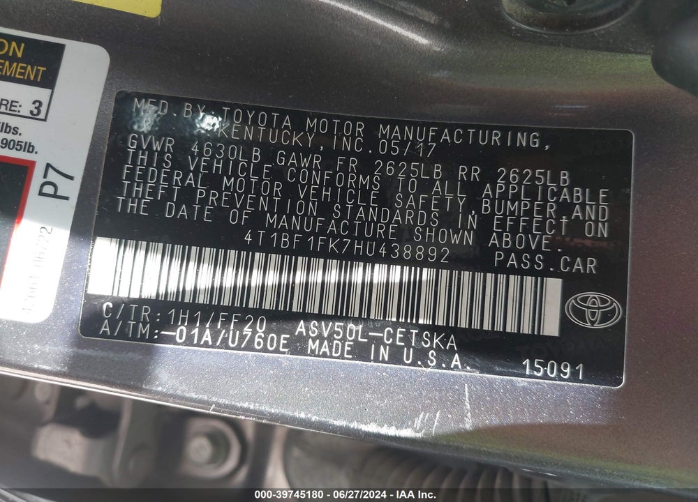 2017 TOYOTA CAMRY SE VIN: 4T1BF1FK7HU438892