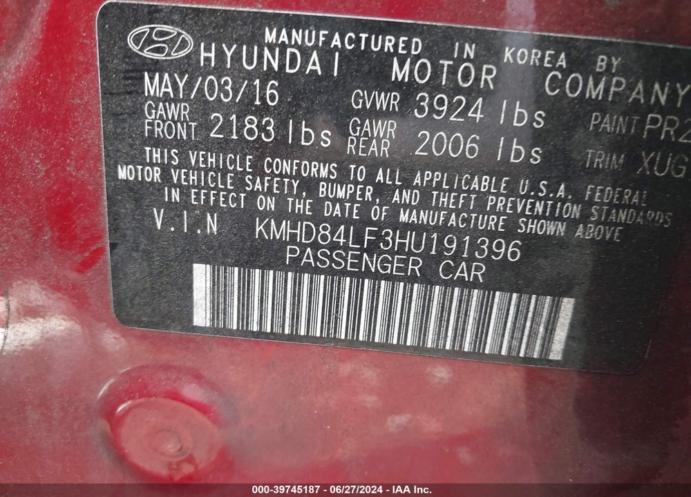 2017 HYUNDAI ELANTRA SE VIN: KMHD84LF3HU191396