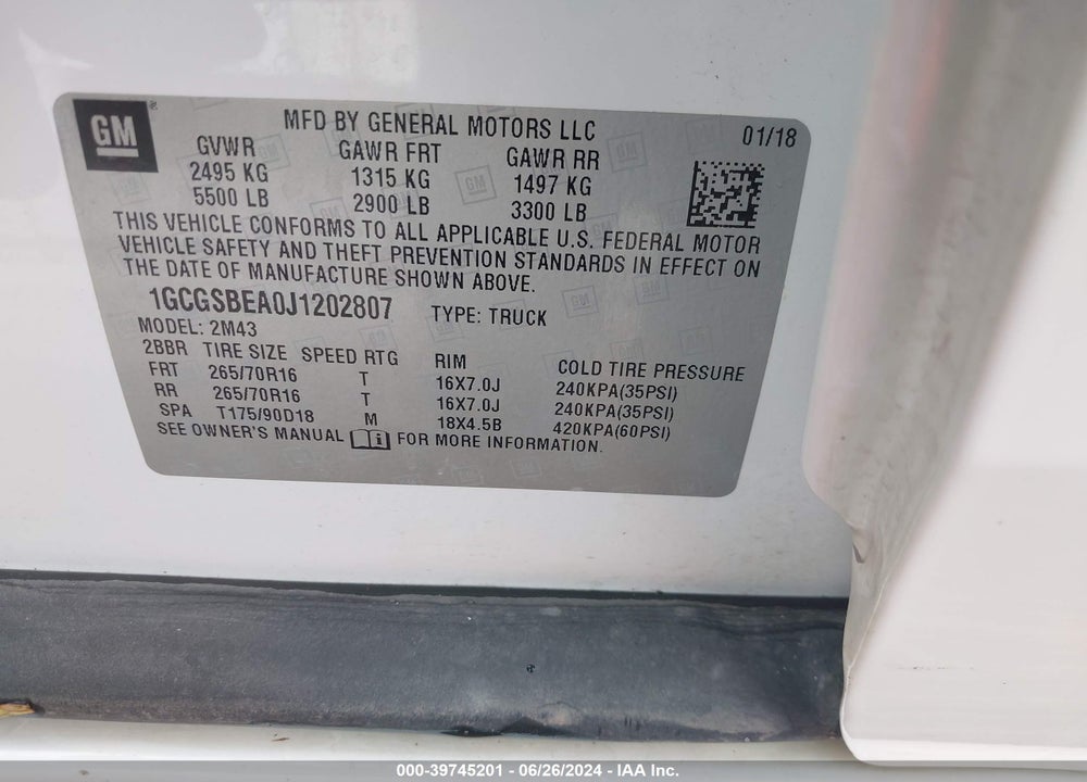 2018 CHEVROLET COLORADO WT VIN: 1GCGSBEA0J1202807