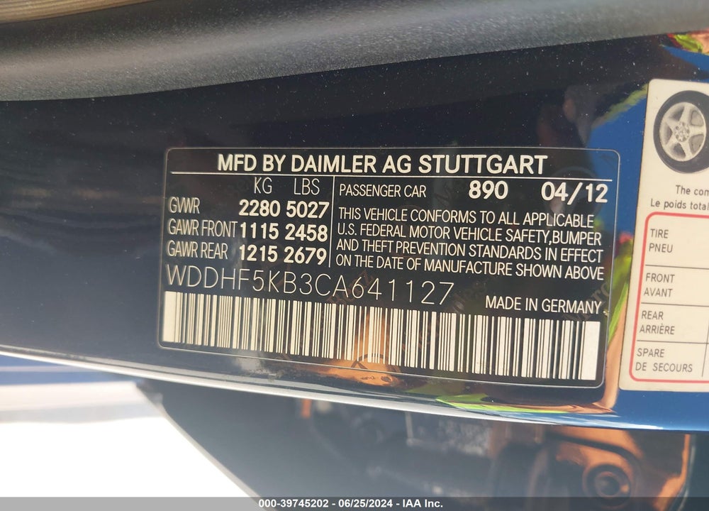 2012 MERCEDES-BENZ E 350 VIN: WDDHF5KB3CA641127