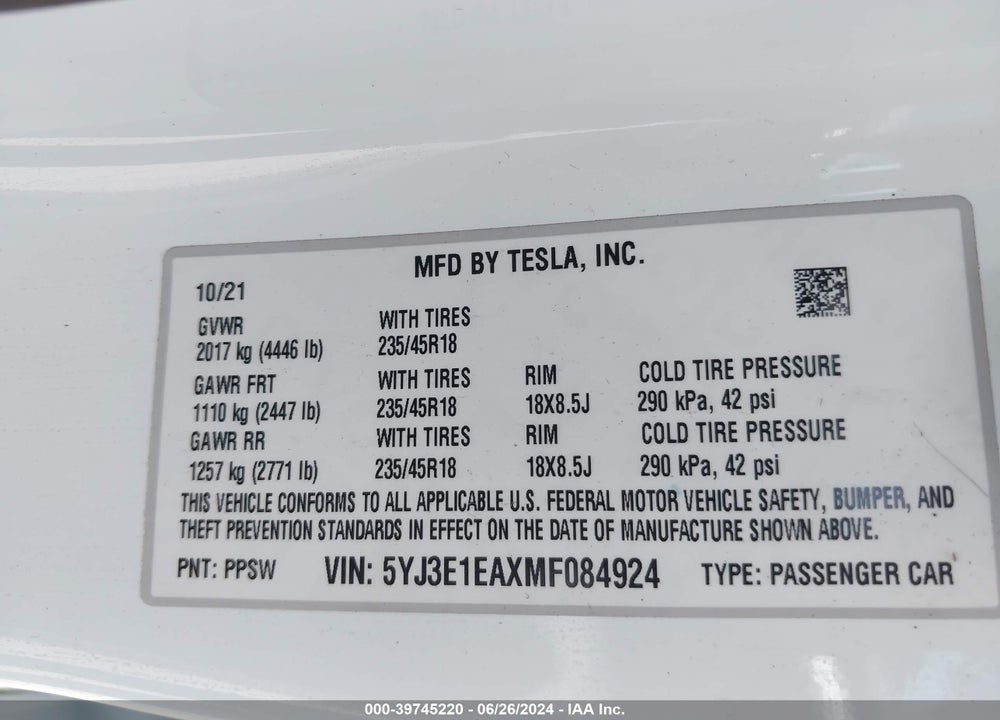 2021 TESLA MODEL 3 STANDARD RANGE PLUS REAR-WHEEL DRIVE VIN: 5YJ3E1EAXMF084924
