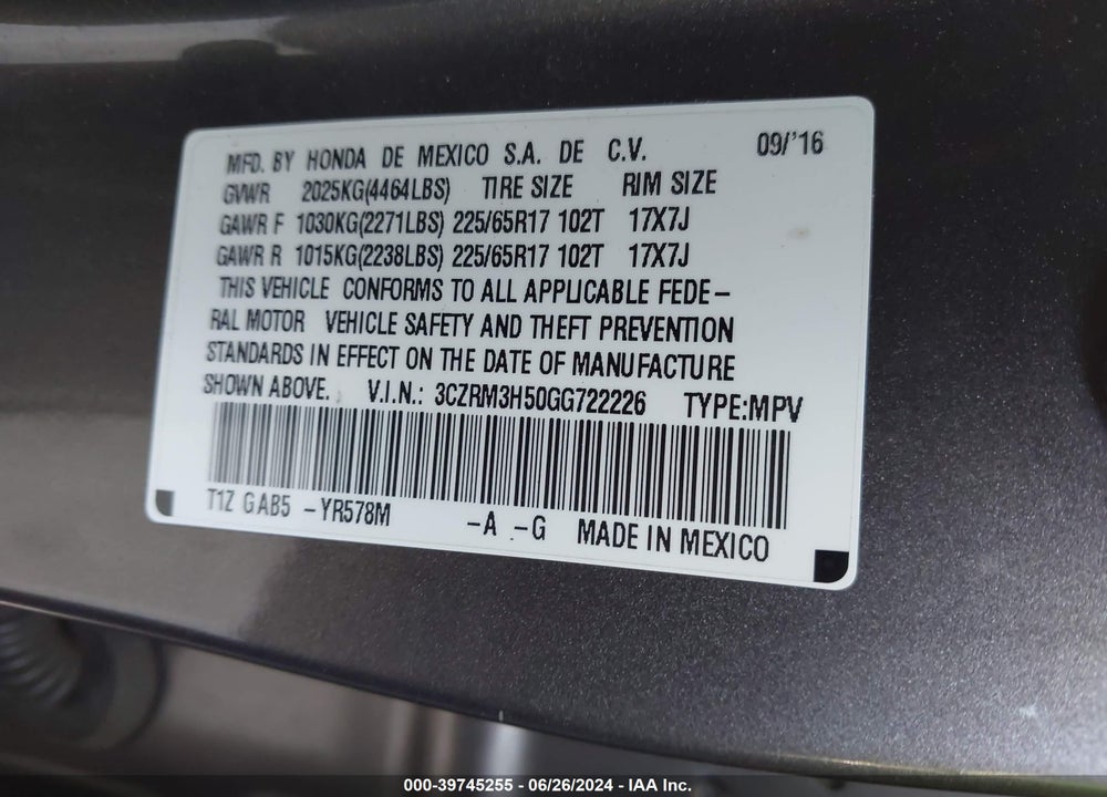 2016 HONDA CR-V EX VIN: 3CZRM3H50GG722226