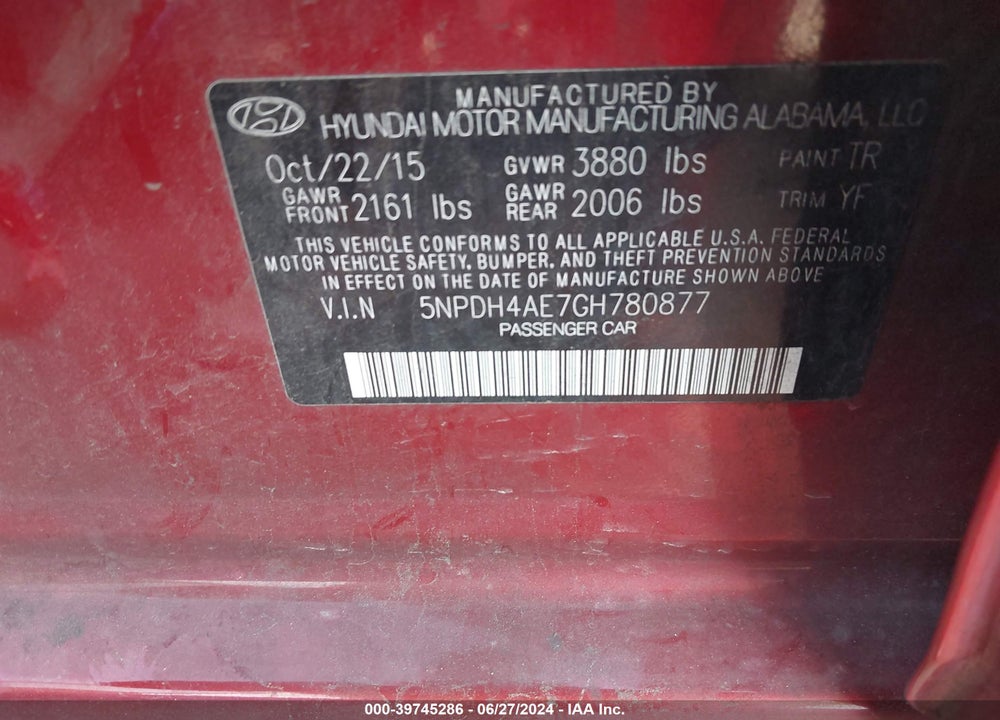 2016 HYUNDAI ELANTRA SE VIN: 5NPDH4AE7GH780877