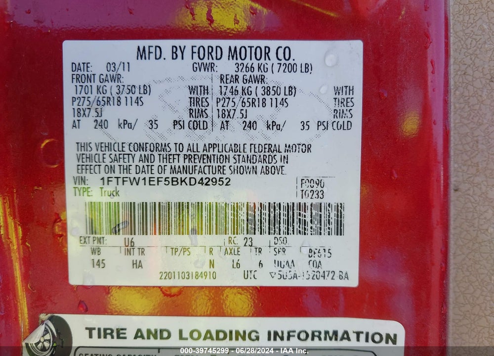 2011 FORD F-150 LARIAT VIN: 1FTFW1EF5BKD42952