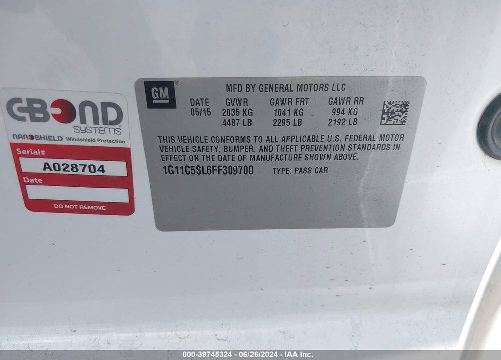2015 CHEVROLET MALIBU 1LT VIN: 1G11C5SL6FF309700