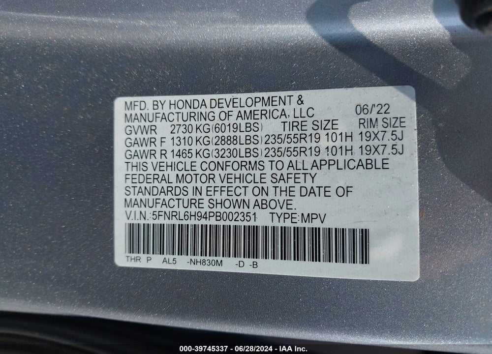 2023 HONDA ODYSSEY ELITE VIN: 5FNRL6H94PB002351