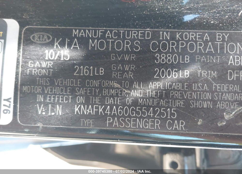 2016 KIA FORTE LX VIN: KNAFK4A60G5542515