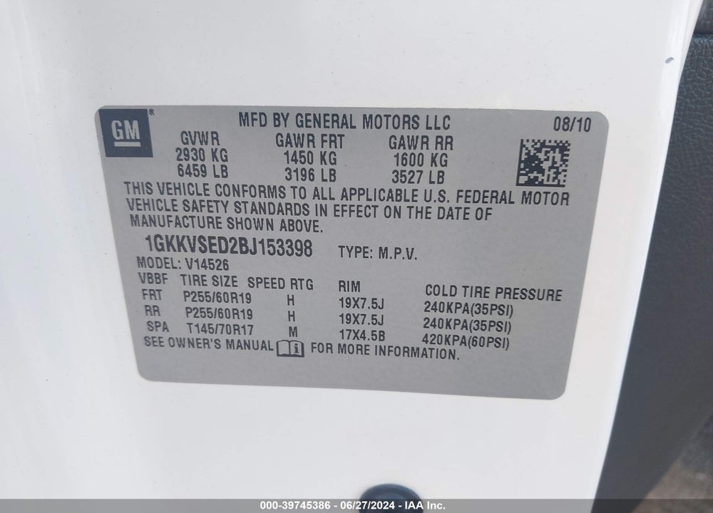 2011 GMC ACADIA SLT-2 VIN: 1GKKVSED2BJ153398