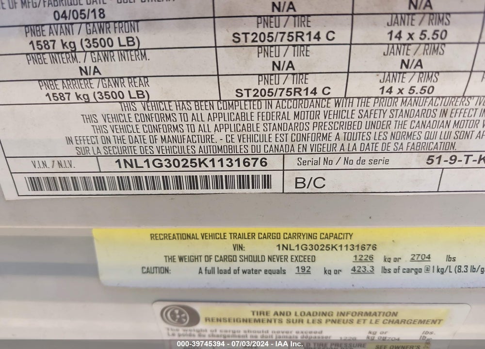 2019 KING 275FBG VIN: 1NL1G3025K1131676