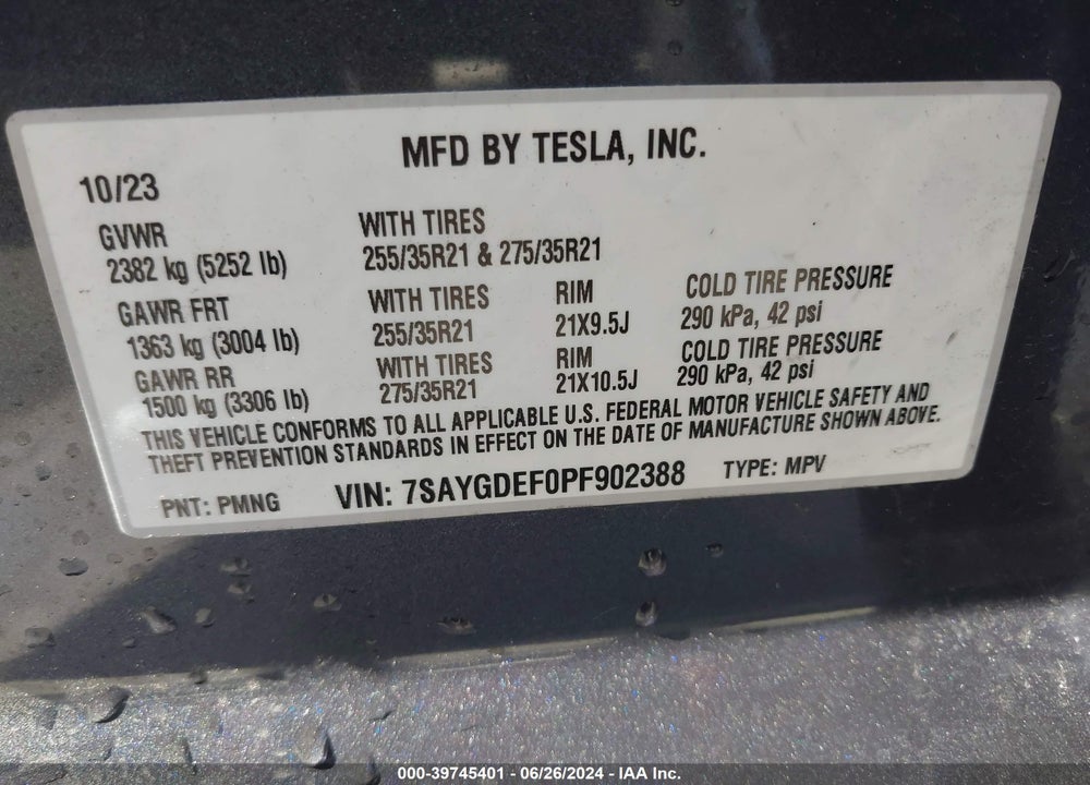2023 TESLA MODEL Y AWD/PERFORMANCE DUAL MOTOR ALL-WHEEL DRIVE VIN: 7SAYGDEF0PF902388