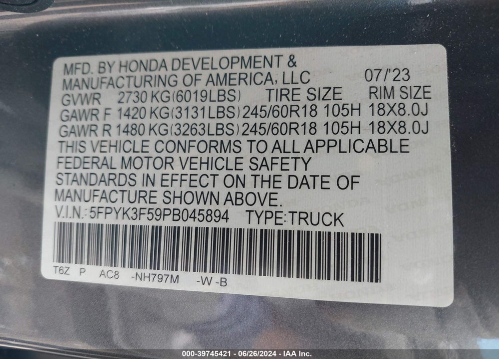 2023 HONDA RIDGELINE RTL VIN: 5FPYK3F59PB045894