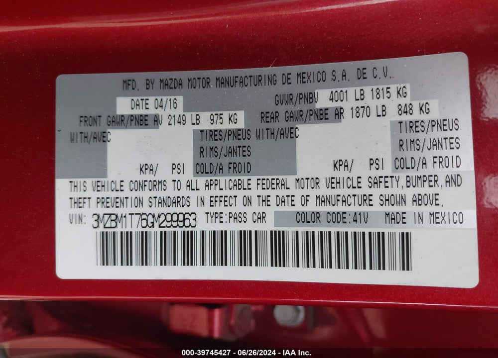 2016 MAZDA 3 I SPORT VIN: 3MZBM1T76GM299963