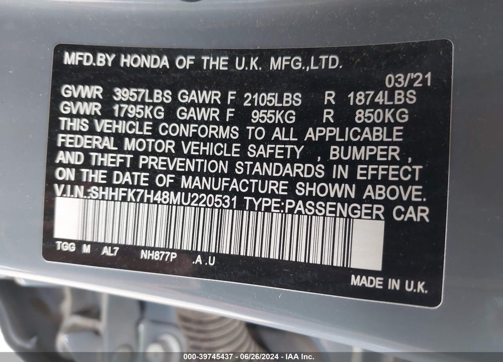 2021 HONDA CIVIC SPORT VIN: SHHFK7H48MU220531