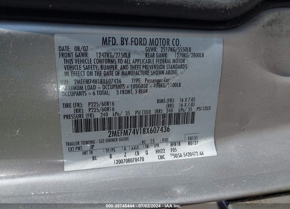 2008 MERCURY GRAND MARQUIS GS VIN: 2MEFM74V18X607436