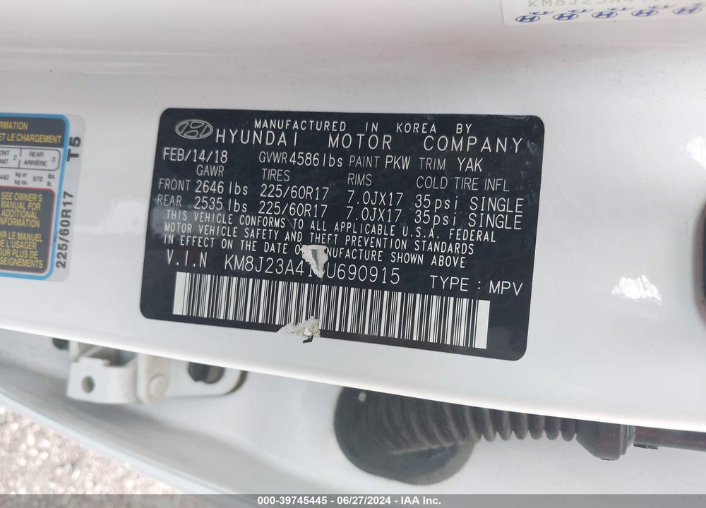 2018 HYUNDAI TUCSON SE VIN: KM8J23A41JU690915
