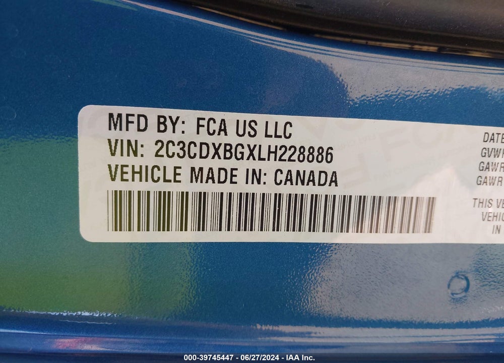2020 DODGE CHARGER SXT RWD VIN: 2C3CDXBGXLH228886