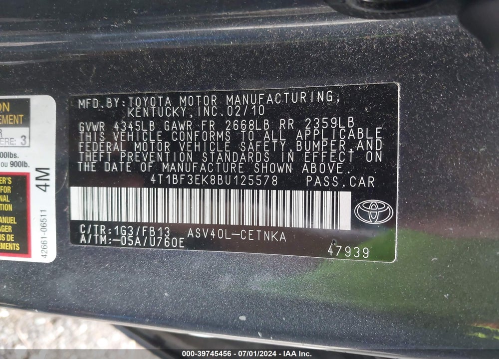 2011 TOYOTA CAMRY LE VIN: 4T1BF3EK8BU125578