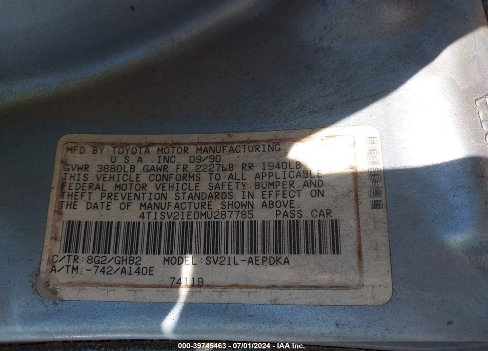 1991 TOYOTA CAMRY DLX VIN: 4T1SV21E0MU287785