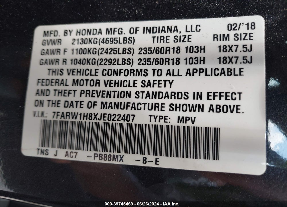 2018 HONDA CR-V VIN: 7FARW1H8XJE022407