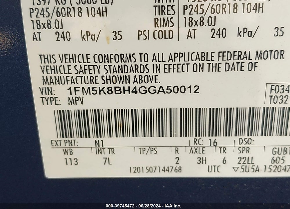 2016 FORD EXPLORER VIN: 1FM5K8BH4GGA50012